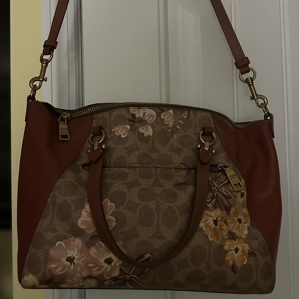 Coach Tan and Brown Floral Shoulder Bag